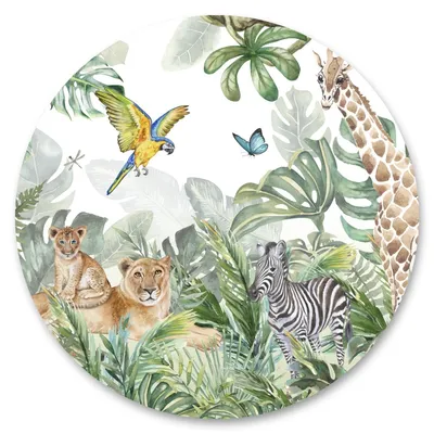 Produktbild von Sticker Kreis wilde TIERE Löwen Giraffe Zebra Papagei Schmetterling Blätter Pflanzen Wandtattoo Aufkleber 100 cm x 100 cm