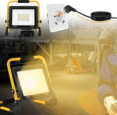 Obrázek produktu pro XINZI 100W LED reflektor teplá bílá se stojanem ve tvaru U - LED reflektor, 3m kabel se zástrčkou EU, stojan, pro dílnu, staveniště, garáž