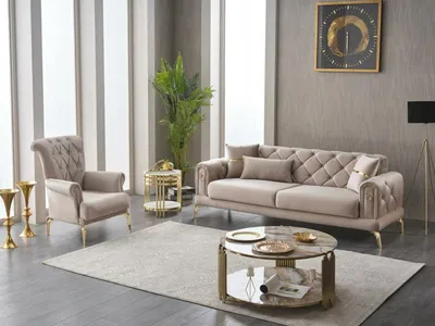 Produktbild von Garnitur Polstersofa Dreisitzer 2tlg Stoffsofa Sessel Beige Sofa Luxus