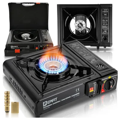 Produktbild von Gaskocher Campingkocher Camping für Gaskartuschen Gasflasche Kocher Piezo Epifit Koffer Schwarz Outdoor Tischgrill Notfallkocher
