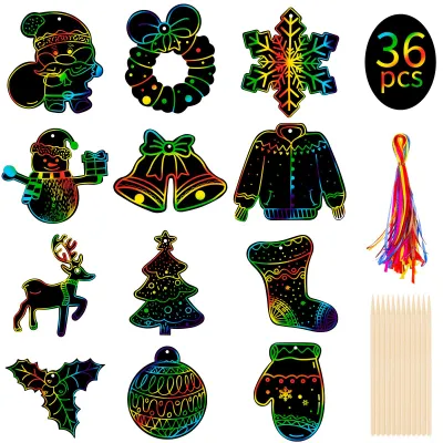 Weihnachts-Kratzbilder, 36 Stück, Regenbogen, mit Bändern & Stiften
