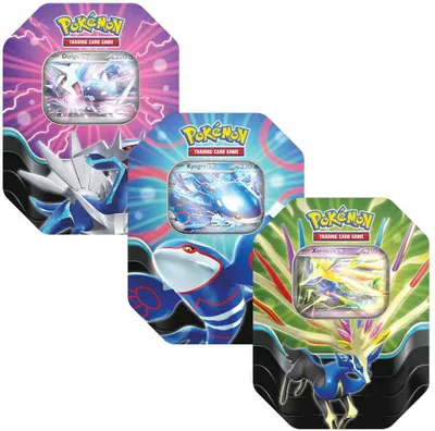 Three Pokemon trading card game tins featuring legendary Pokemon.