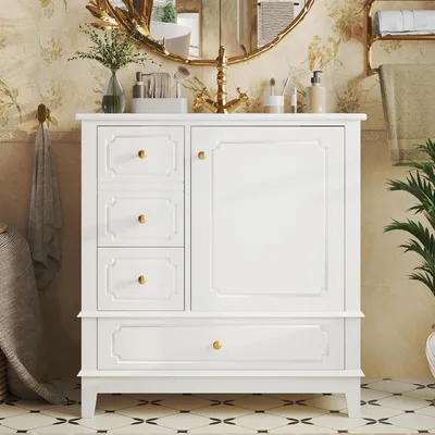 Obrázek produktu pro Podumyvadlová skříňka s keramickým umyvadlem, rozměry 76,5 x 47 x 87,5 cm, bílá, s úložným prostorem a zlatými kovovými úchytkami, vhodná do koupelny