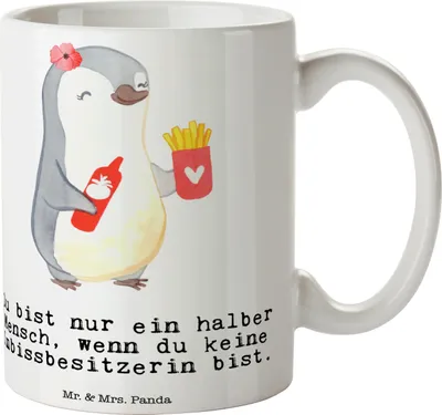 Produktbild von Mr. & Mrs. Panda Teetasse Imbissbesitzerin Herz - Weiß - Geschenk, Witzig, Keramiktasse, Tasse, Lustig, Imibissverkäuferin, Spruch, Becher, Kaffeebecher, Pommesliebe