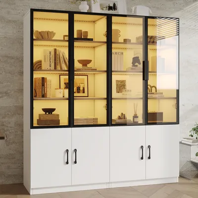 Productafbeelding van Vitrinekast 120x40x160, met LED-verlichting, rookglas, aluminium frame, 2 deuren, boekenkast, dressoir (wit)