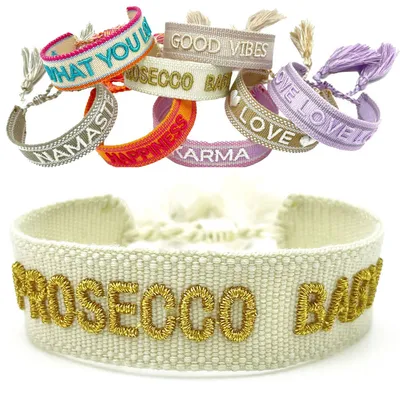 Produktbild von LS-LebenStil Canvas Statement Armband Prosecco Baby Gold besticktes Stoffarmband gewebt textiles Quasten Spruch Boho Geschenk Freundschaftsarmband