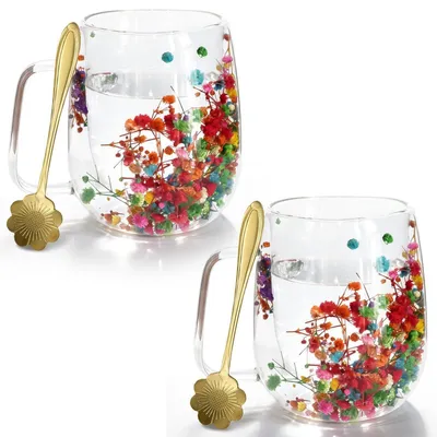 Produktbild von 2er-Pack Doppelwandige Gläser mit Trockenblumen, 390ml, inkl. Löffel, Mehrfarbig