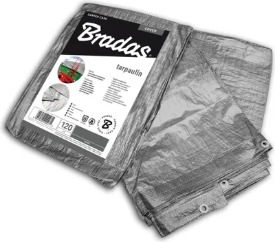 A folded silver tarpaulin is shown with its label.