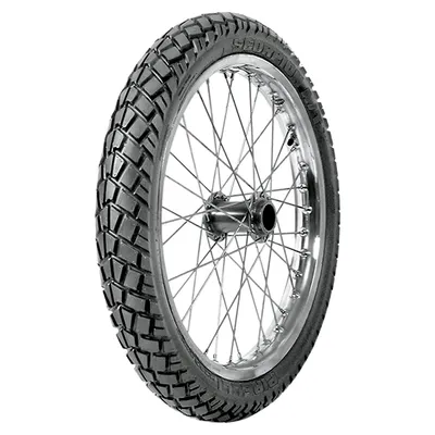 A close-up studio shot of a motorcycle tire and wheel.