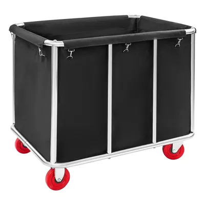 A black commercial laundry cart with silver metal frame and red wheels, shown from a slightly elevated front-left angle on a white background.