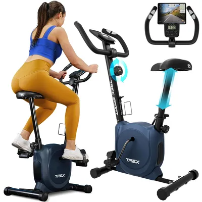 A woman is using a blue exercise bike, with close-ups of the bike's features and a tablet screen showing a cycling simulation.