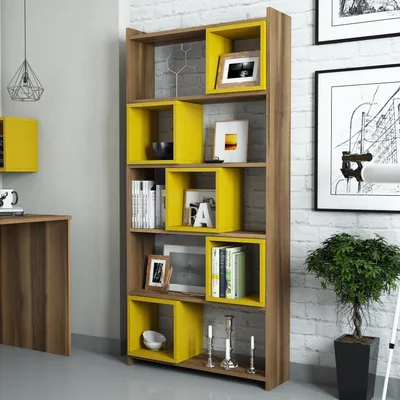 Produktbild von Skye Decor, Box - Walnut, Yellow, Bücherregal, Nussbaum, 100 % MELAMINBESCHICHTETE SPANPLATTEN, 80 x 22 x 170 cm