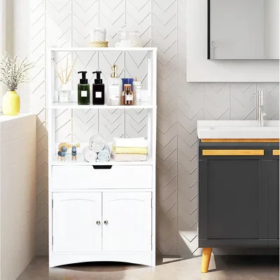 Image de Armoire de rangement pour étagère de cuisine, meuble bas avec tiroir, blanc, 32,5x60x122 cm