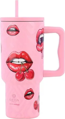 Produktbild von ESTIA | Thermobecher - Isolierbecher - 900 ml - Kaffeebecher - rosa rot - Becher mit Strohhalm