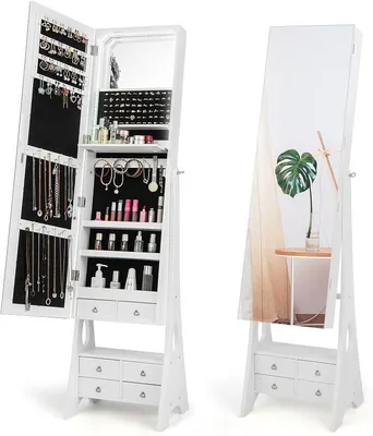Imagen del producto de Espejo con armario para joyas, con iluminación, ideal para maquillaje (blanco). Incluye cajones y estantes abatibles