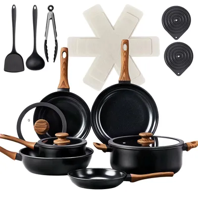 Image de Ensemble de 20 pièces de batterie de cuisine, comprenant une poêle de 20/24/28 cm, une casserole de 28 cm, une autre poêle, et une petite casserole de 18 cm