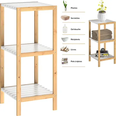 Image de Étagère en bambou 3 niveaux Meuble de rangement avec tablettes blanches Charge max. 30 kg Maison intérieur salle de bain