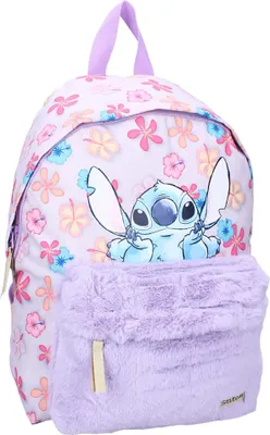 A backpack with a Stitch character print and a furry pocket.