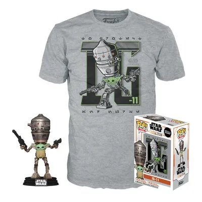 A grey t-shirt with a Star Wars character graphic, a Funko Pop! figure, and a Funko Pop! box.