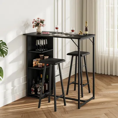 Productafbeelding van Bartafelset met 2 Polyurethanbarstoelen, een staande tafel met wijnglashouder en opbergruimte, industriële stijl, zwart