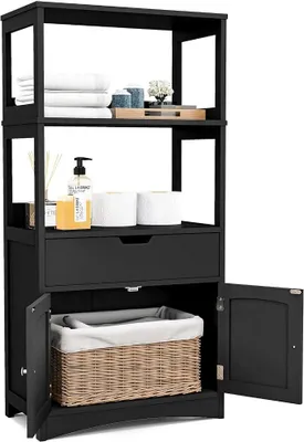 Produktbild von Freistehender Badezimmerschrank, Hochschrank für Bad mit 2 Türen & 3 offenen Regalen & Schublade, moderner Mehrzweckschrank Küchenschrank für Bad Küche Wohnzimmer (Schwarz)