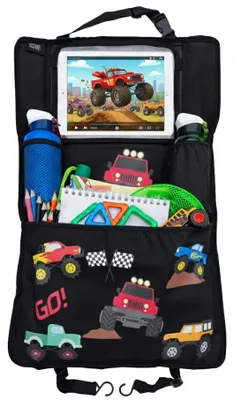 Produktbild von 1x Kinder Autositz Rückenlehnenschutz Organizer mit verstellbarer Tablet Tasche, Aufbewahrung für Zubehör – Monster Truck Motiv - universal - 70x45cm – inkl. Getränkehalter + Aufbewahrungsnetz