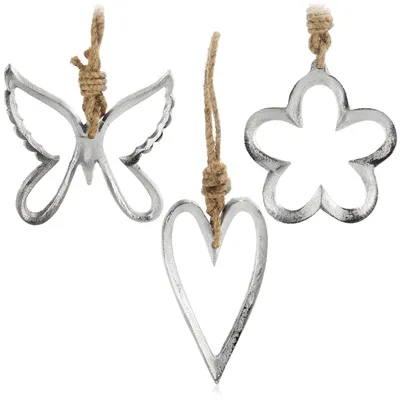 3er-Set Metall-Weihnachtsbaum-Anhänger, 8-12 cm, Herz, Blume, Schmetterling
