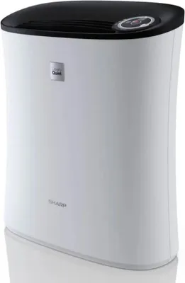 A white and black air purifier is shown against a white background.