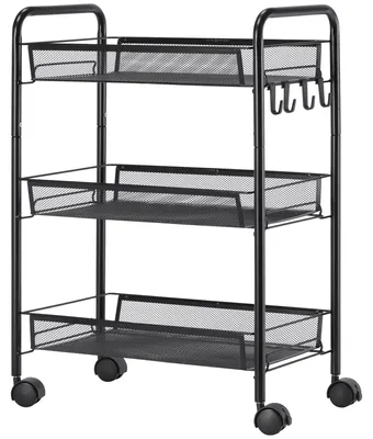 Produktbild von 3-st?ckiger Servierwagen mit K?rben, Rollwagen, Aufbewahrungswagen, 45 x 26,5 x 63 cm, Schwarz