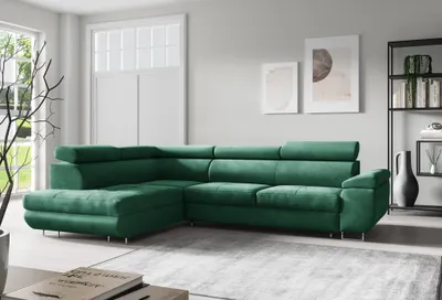 Produktbild von Ecksofa MILO L-form mit Bettkasten und Schlaffunktion 274x203 cm - linke Seite, Farbe: Monolith 37 - Flaschengrün