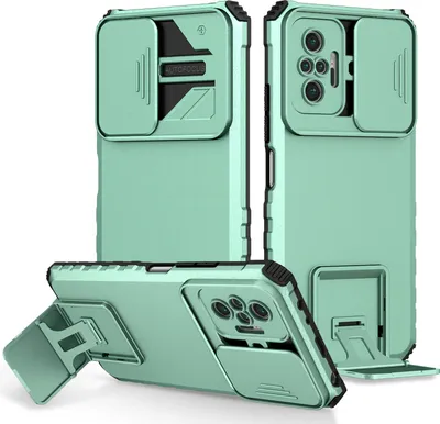 Produktbild von Redmi Note 10 Pro Hülle, Dual Layer Ständer Schutzhülle mit Schiebe Kamera Schutz für Xiaomi Redmi Note 10 Pro / 10 Pro Max Türkis