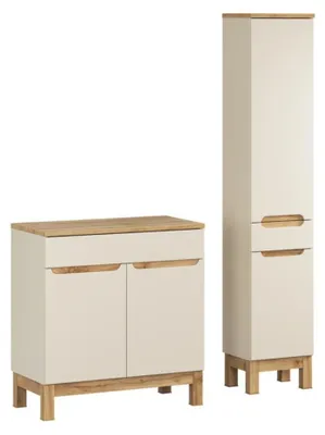 Productafbeelding van Badkamerset ERMANO kasjmier en eikenlook 115cm: onderkast + wastafelblad + kolomkast