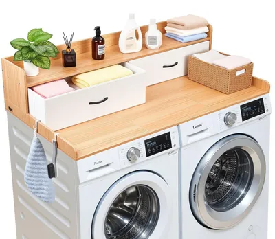 Produktbild von Arbeitsplatte für Waschmaschine & Trockner - Aufsatz & Abdeckung mit Ablage - 137 x 69,9 cm - Belastbar bis 113 kg - 2 Schubladen & Haken - Natürlicher Holzton
