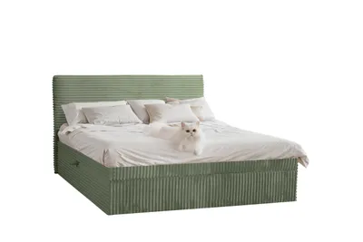 A green corduroy bed with white bedding and a white cat.