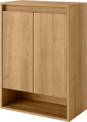 Produktbild von FACKELMANN Doppel-Midischrank Natura / Badschrank mit Soft-Close / Maße (B x H x T): ca. 60,2 x 82,6 x 32 cm / hochwertiger Schrank fürs Bad / 2 Türen / Offene Ablagefläche / Korpus & Front: Braun