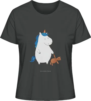 Produktbild von Mr. & Mrs. Panda Damen Kurzarmshirt Einhorn Teddy Größe M - Anthrazit - Geschenk, Single, Einhörner, Basic Shirt, Frauen T-Shirt, Unicorn, Oberteil, Gute Nacht, Bett