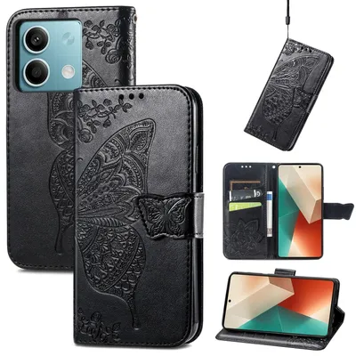 Image de Étui de protection en similicuir pour Xiaomi Redmi Note 13, motif papillon, noir