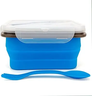 Produktbild von Kleine Camping -Lebensmittelbehälter 700 ml Zusammenklappbarer Bento Box Silikon Mittagessen 2 in 1 Tablaumgeschirr luftdichtem Deckel, Blau