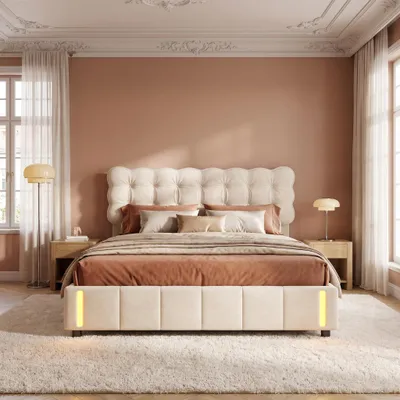 Image de Lit rembourré INONEFT 140x190 cm avec espace de rangement et éclairage LED, lit à lattes double, lit pour adolescents avec espace de rangement, en velours, couleur beige