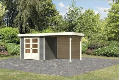 Produktbild von Gartenhaus Karibu Kodiak 3 inkl. Schleppdach 2,4 m und Rückwand 491 x 238 cm terragrau