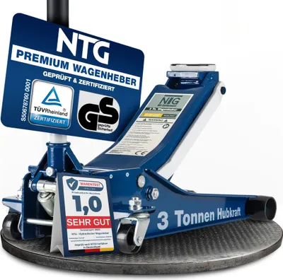 A blue hydraulic car jack is shown on a circular metal platform against a white background.