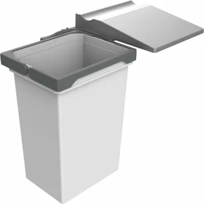 A white trash can with a gray lid and rim, shown from a slightly elevated angle against a white background.