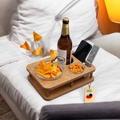 Produktbild von Couchbar Snackbar in Eiche mit 2 Glasschalen - Couchbar Mini - Couch tablett  für Snacks & Getränke [stabil & sicher] - Snackbar für Kaffeetasse
