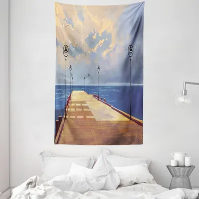 Produktbild von ABAKUHAUS Hölzern Wandteppich und Tagesdecke, Brücke Pier Hafen Meer aus Weiches Mikrofaser Stoff Waschbar ohne Verblassen Digitaldruck, 140 x 230 cm, Creme Blau