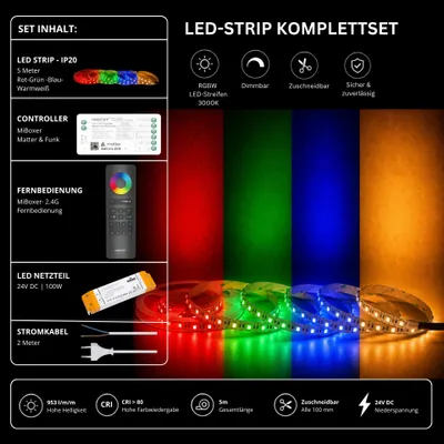 Produktbild von LED Streifen Set RGBW – SMD LED Streifen 24V, 60 LEDs/m, 4-in-1, 18 W/m, 953 lm/m, 5m, RGB + Warmweiß 3000K, CRI 80 – SS100 Netzteil, SM5 Matter Controller und C5 Fernbedienung Schwarz