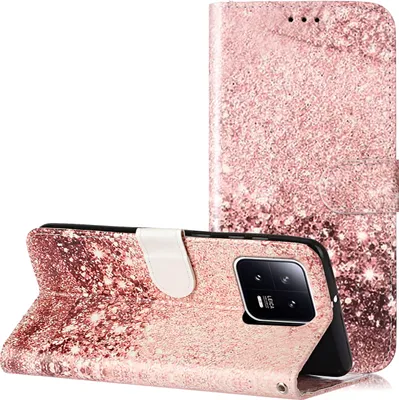 Produktbild von CLM-Tech Hülle kompatibel mit Xiaomi 13 Pro - Tasche aus Kunstleder - Klapphülle mit Ständer und Kartenfächern, Glitzer rosegold