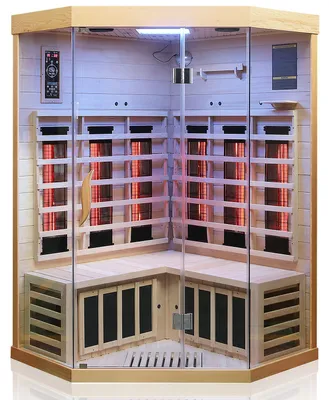 Zdjęcie produktu dla Kabina na podczerwień Dewello, sauna na podczerwień BRANDON 120 cm x 120 cm, w zestawie promienniki pełnego spektrum oraz promienniki podłogowe