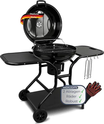 Produktbild von Kugelgrill Holzkohle EUGEN [Inkl. Handschuhe & Haken] BBQ Grill Holzkohlegrill mit klappbarem Deckel 55cm Grillwagen mit Rädern, Schwarz
