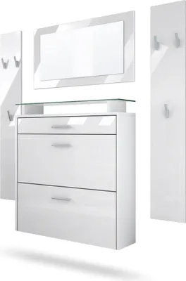 Produktbild von Vladon Garderobe Malea, Garderobenset bestehend aus 1 Hängeschuhschrank, 1 Wandspiegel und 2 Garderobenpaneele, Weiß matt/Weiß Hochglanz