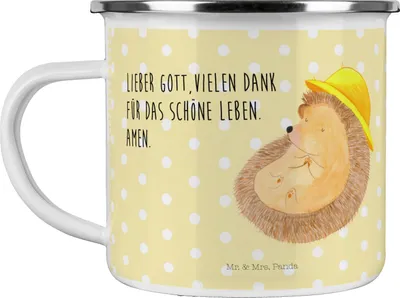 Produktbild von Mr. & Mrs. Panda Campingtasse Igel Beten - Gelb Pastell - Geschenk, Sonnenhut, Teetasse, Tasse Emaille, Leben, Amen, Lustige Sprüche, Outdoor, Dankbar, Becher, Pott